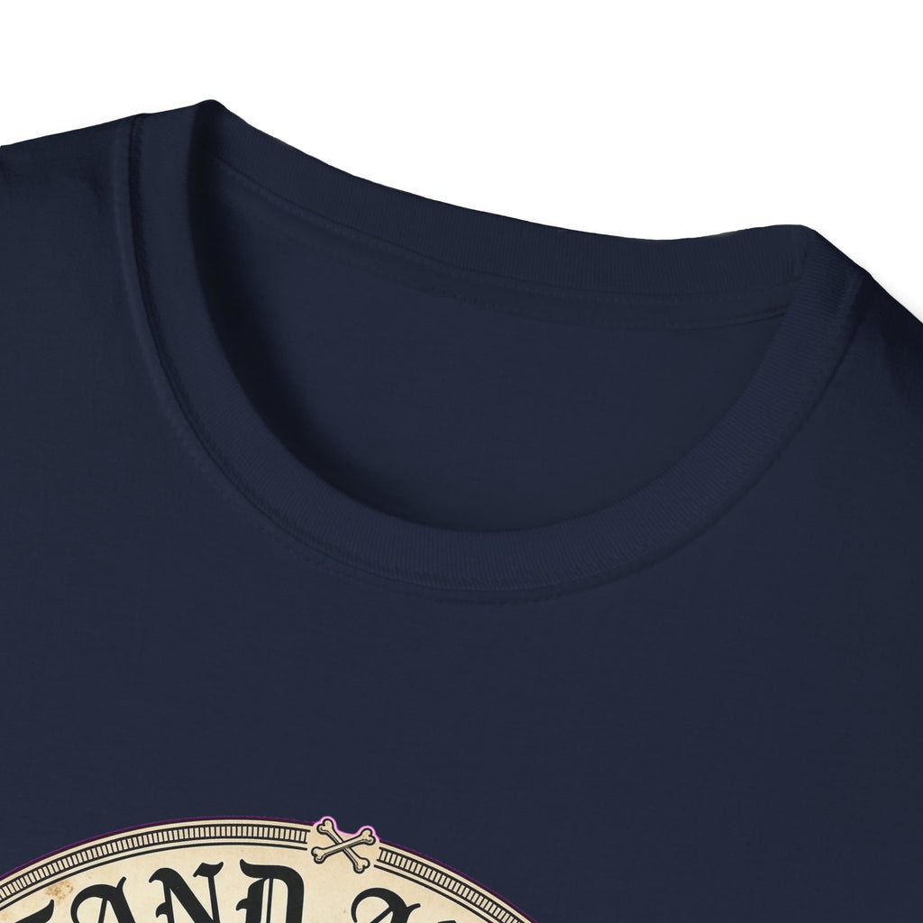 I Stand Amazed Chihuahua T-Shirt in navy, close-up of the neckline and upper graphic detail showing the circular Chihuahua design with crossed-bone medallion and vintage lettering.