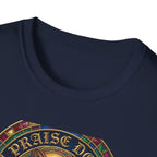 Praise Dog From Whom All Blessings Flow Corgi T-Shirt close-up detail of the collar area on a navy blue shirt, showing the jewel-encrusted border and gold gothic Praise Dog lettering.