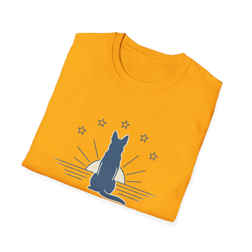 One Nation Under Dog T-Shirt in gold yellow, closeup detail of the neckline and top of the chest showing the outline star graphic and clean stitching.