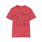Rejoice in the Dog Rhodesian Ridgeback T-Shirt in heathered red, flat lay mockup showing a woman joyfully dancing with a rearing Rhodesian Ridgeback line-art illustration and the text 'Rejoice in the Dog Always, and again I say rejoice!'