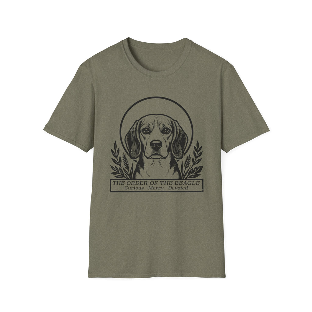 Holy Orders | Beagle T-Shirt flat lay on black shirt featuring a stained glass style illustration of a Beagle depicted as a holy figure with a golden halo and the text 'Holy Orders.'