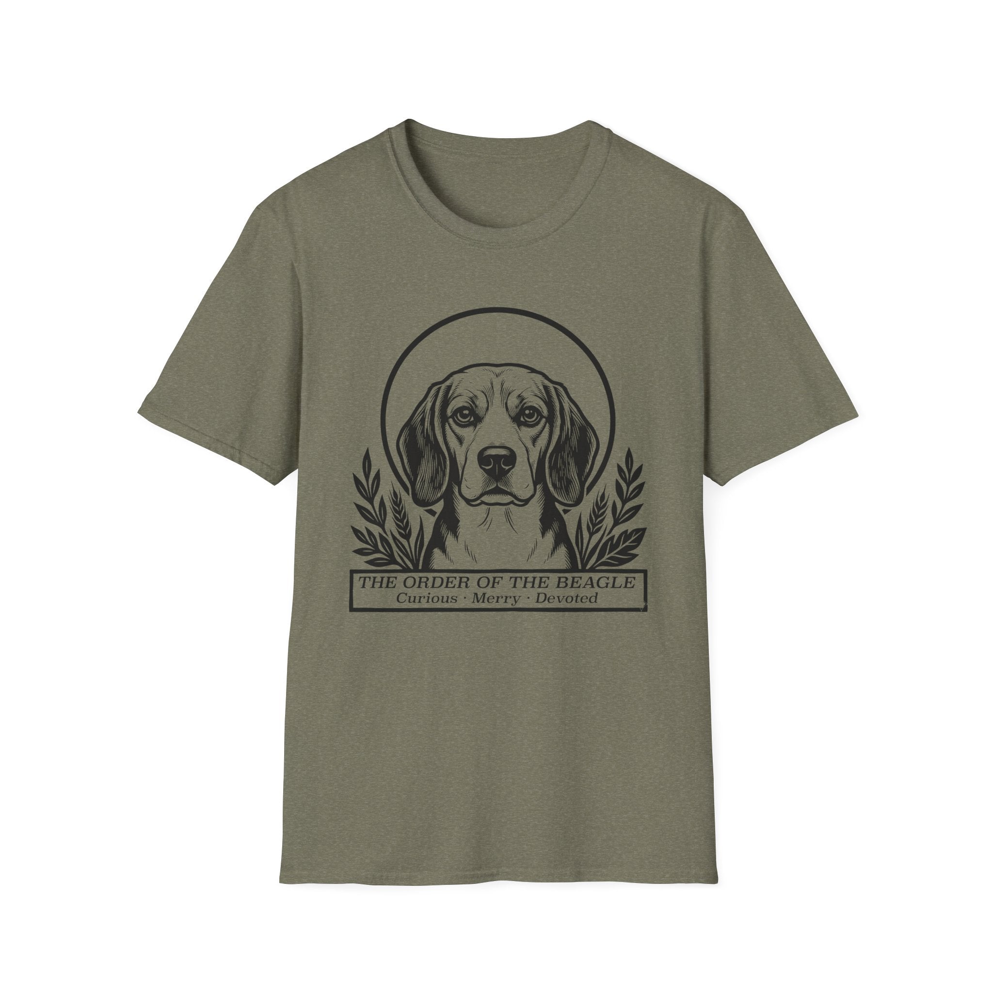 Holy Orders | Beagle T-Shirt flat lay on black shirt featuring a stained glass style illustration of a Beagle depicted as a holy figure with a golden halo and the text 'Holy Orders.'