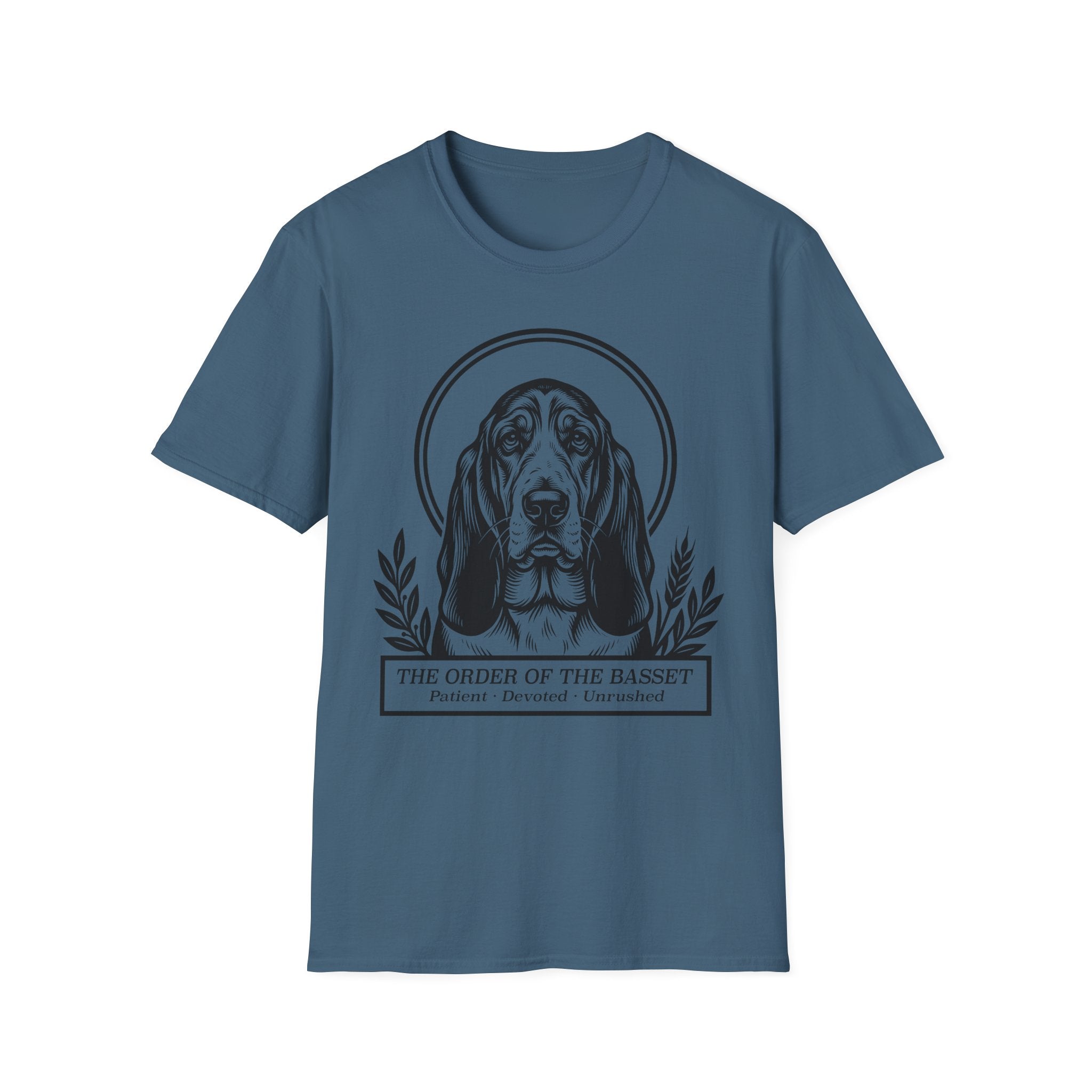 Holy Orders | Basset Hound T-Shirt flat lay on black shirt featuring a stained glass style illustration of a Basset Hound depicted as a holy figure with a golden halo and the text 'Holy Orders.'