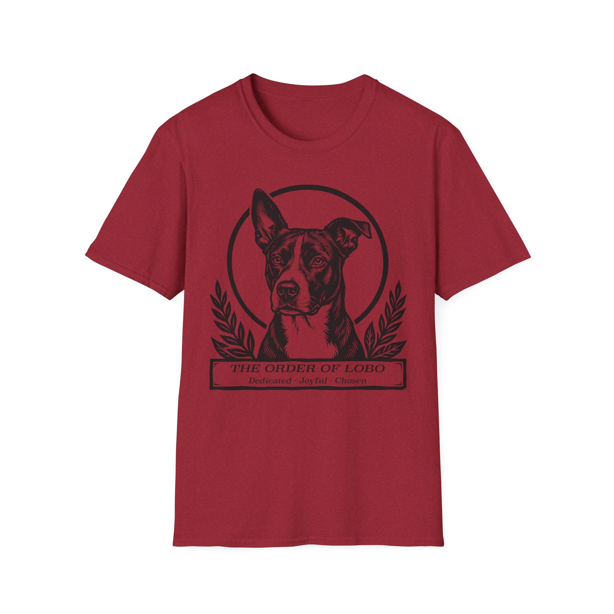 Holy Orders | Lobo T-Shirt detail view featuring a stained glass style illustration of Lobo, a black-coated dog with a white blaze and large upright ears, depicted as a holy figure with a golden halo and the text 'Holy Orders.'
