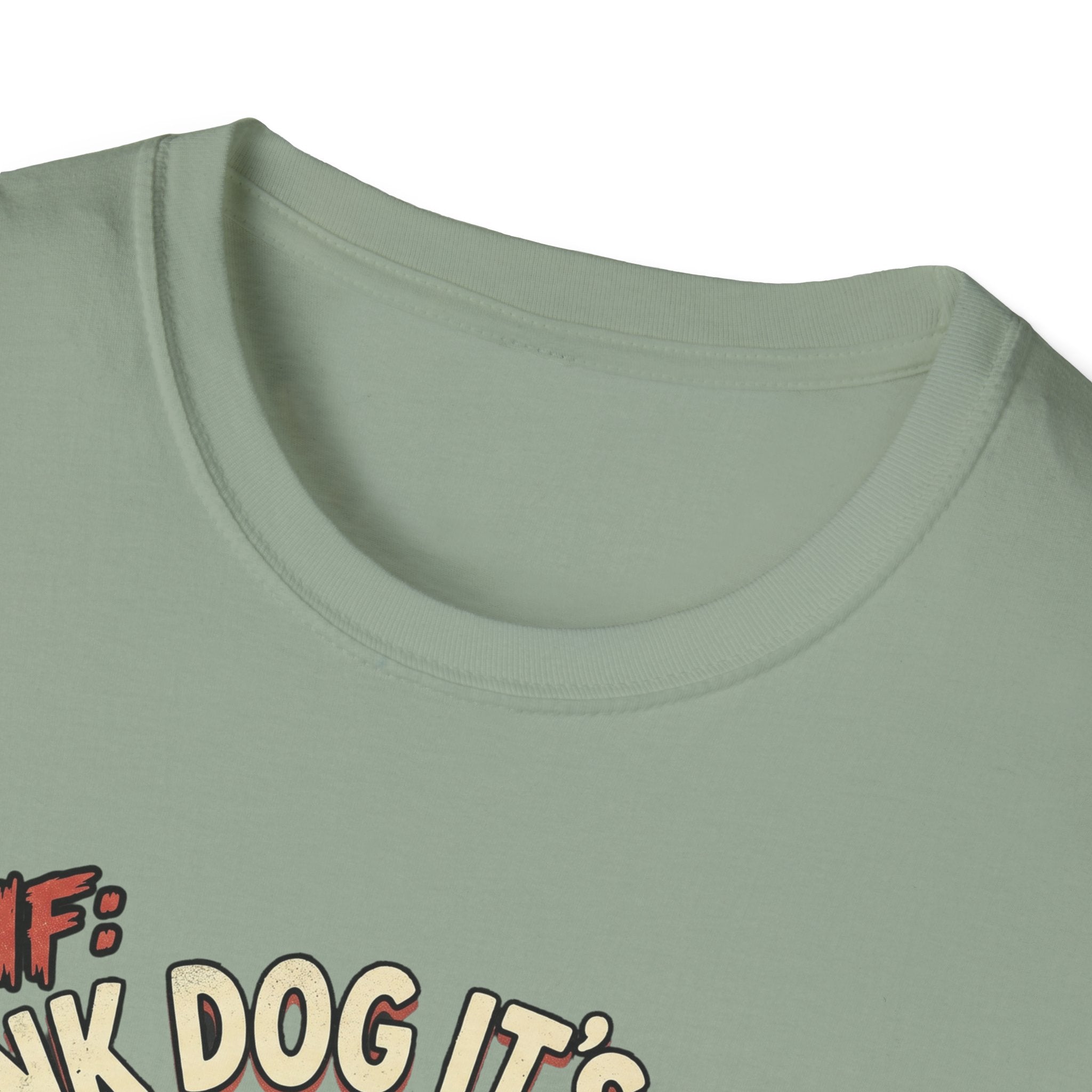 Thank Dog It's Friday T-Shirt close-up detail shot on sage green shirt showing the neckline and top of the TDIF cartoon dog graphic.