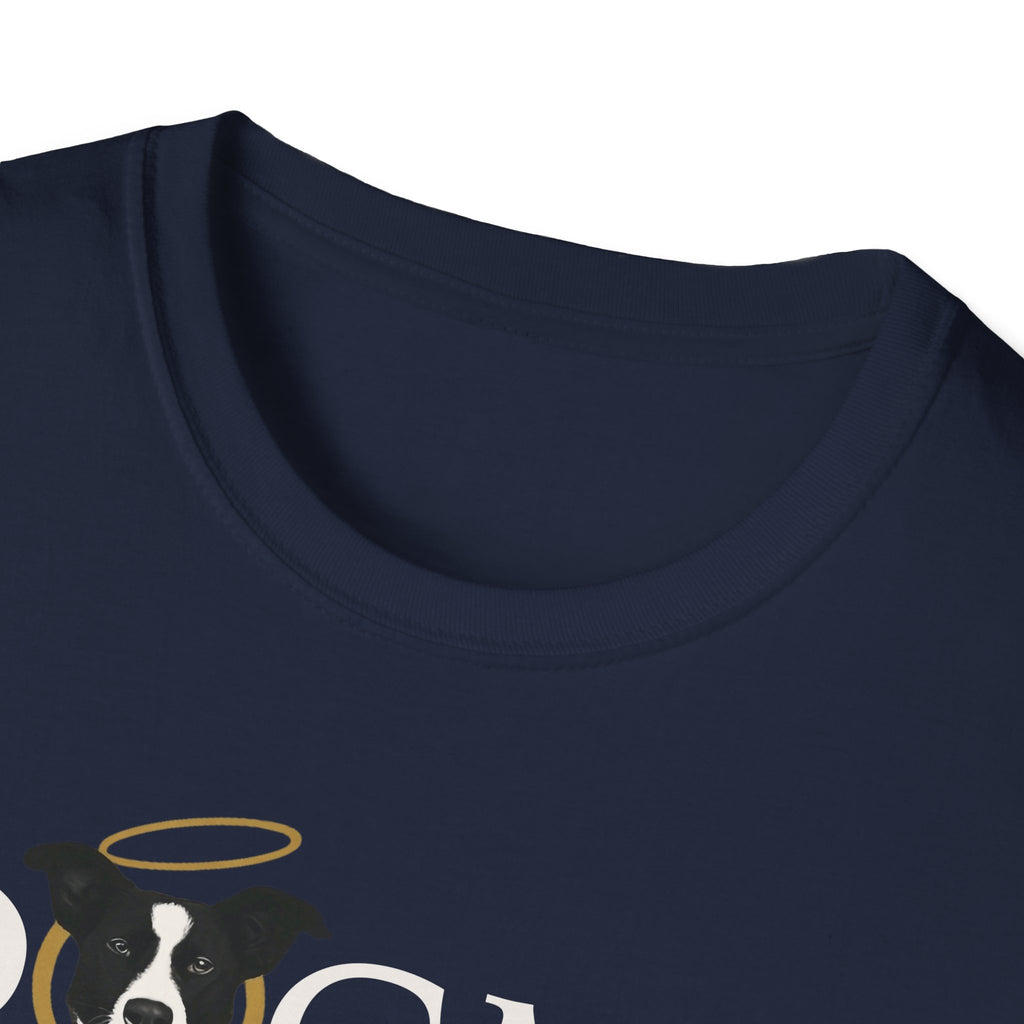 Dogma House Logo Dark T-Shirt close-up detail on navy, showing the upper chest area with the halo-wearing black-and-white dog forming the letter O in the Dogma House logo.