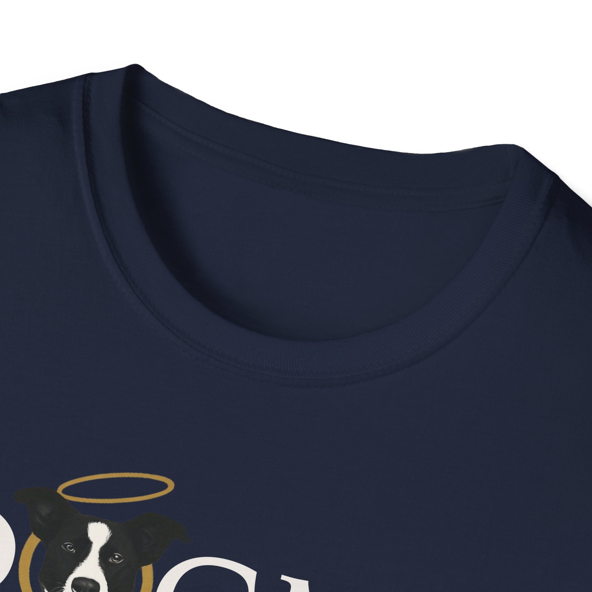 Dogma House Logo Dark T-Shirt close-up detail on navy, showing the upper chest area with the halo-wearing black-and-white dog forming the letter O in the Dogma House logo.
