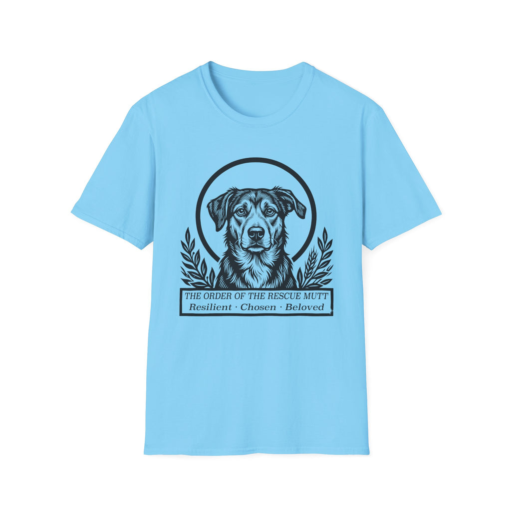 Holy Orders | Rescue Mutt T-Shirt flat lay on black shirt featuring a stained glass style illustration of a Rescue Mutt depicted as a holy figure with a golden halo and the text 'Holy Orders.'
