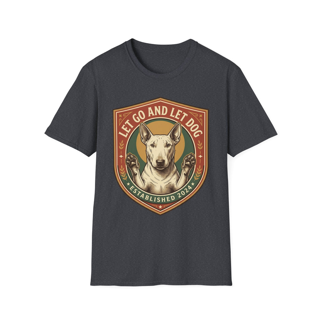 Let Go Let Dog Bull Terrier T-Shirt in dark heather gray, flat lay, featuring a vintage shield badge with a white bull terrier raising both paws and the text 'Let Go and Let Dog, Established 2024'.