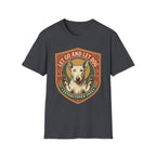 Let Go Let Dog Bull Terrier T-Shirt in dark heather gray, flat lay, featuring a vintage shield badge with a white bull terrier raising both paws and the text 'Let Go and Let Dog, Established 2024'.