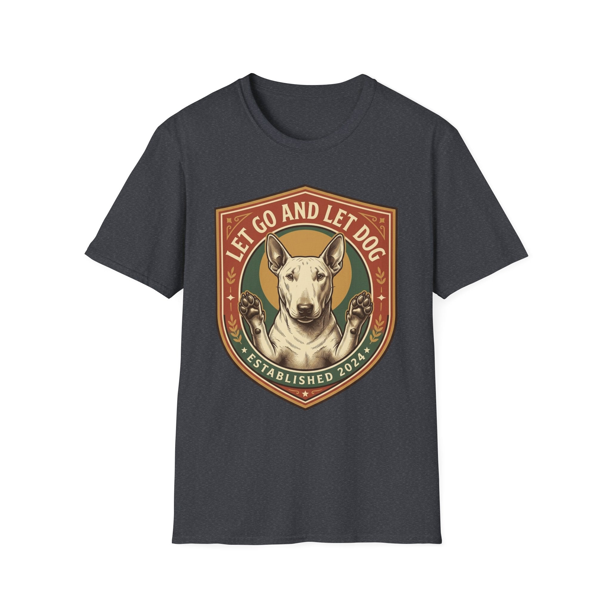 Let Go Let Dog Bull Terrier T-Shirt in dark heather gray, flat lay, featuring a vintage shield badge with a white bull terrier raising both paws and the text 'Let Go and Let Dog, Established 2024'.