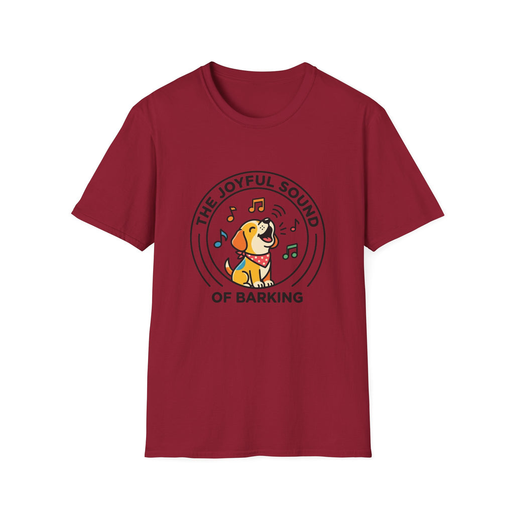 The Joyful Sound of Barking T-shirt flat lay, cardinal red shirt featuring a circular badge graphic of a cartoon yellow dog with a red bandana howling joyfully with musical notes and the text 'The Joyful Sound of Barking.'