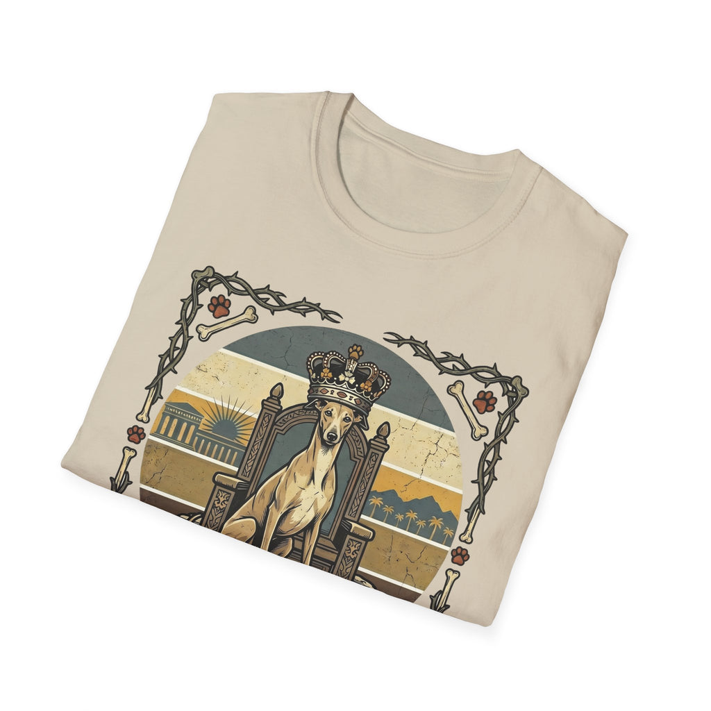 For the Love of Dog Whippet T-Shirt folded view in natural/cream showing the crowned whippet on throne graphic with thorn and bone border.