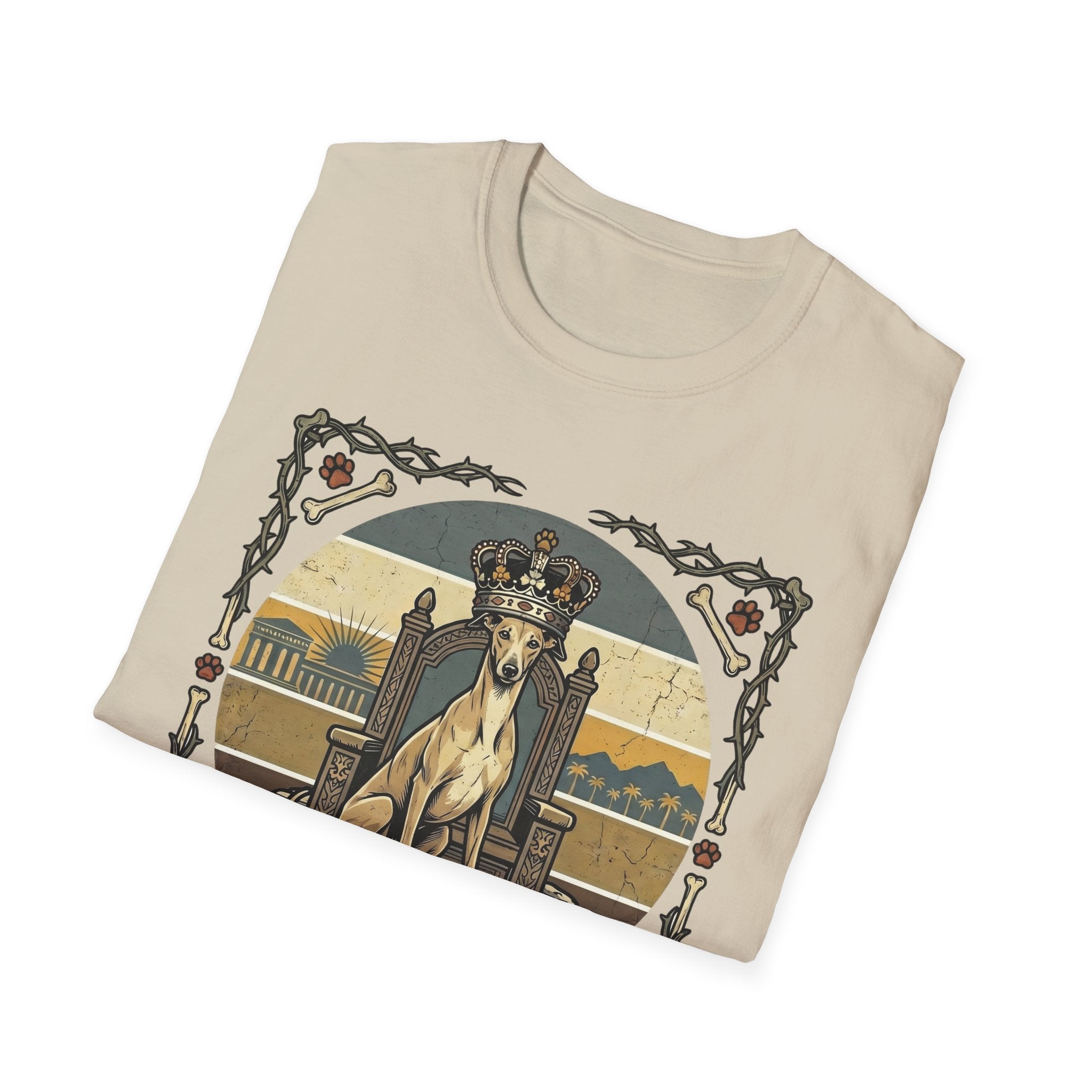 For the Love of Dog Whippet T-Shirt folded view in natural/cream showing the crowned whippet on throne graphic with thorn and bone border.