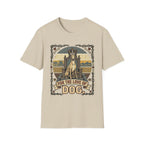 For the Love of Dog Whippet T-Shirt flat lay in natural/cream featuring a crowned whippet seated on a throne in a vintage illustration with an ornate thorn and bone border, "For the Love of Dog" banner below.