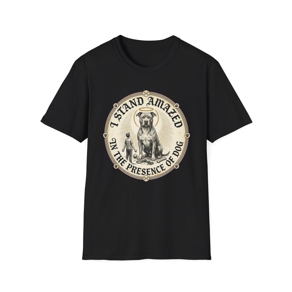 I Stand Amazed Pitbull T-Shirt in black, flat lay front view showing a vintage-style circular graphic of a pitbull with a halo seated above a small human figure, with the text 'I Stand Amazed in the Presence of Dog.'