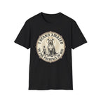 I Stand Amazed Golden Doodle T-Shirt flat lay in black, featuring a circular vintage-style graphic of a large dog with a halo and the text "I Stand Amazed in the Presence of Dog."