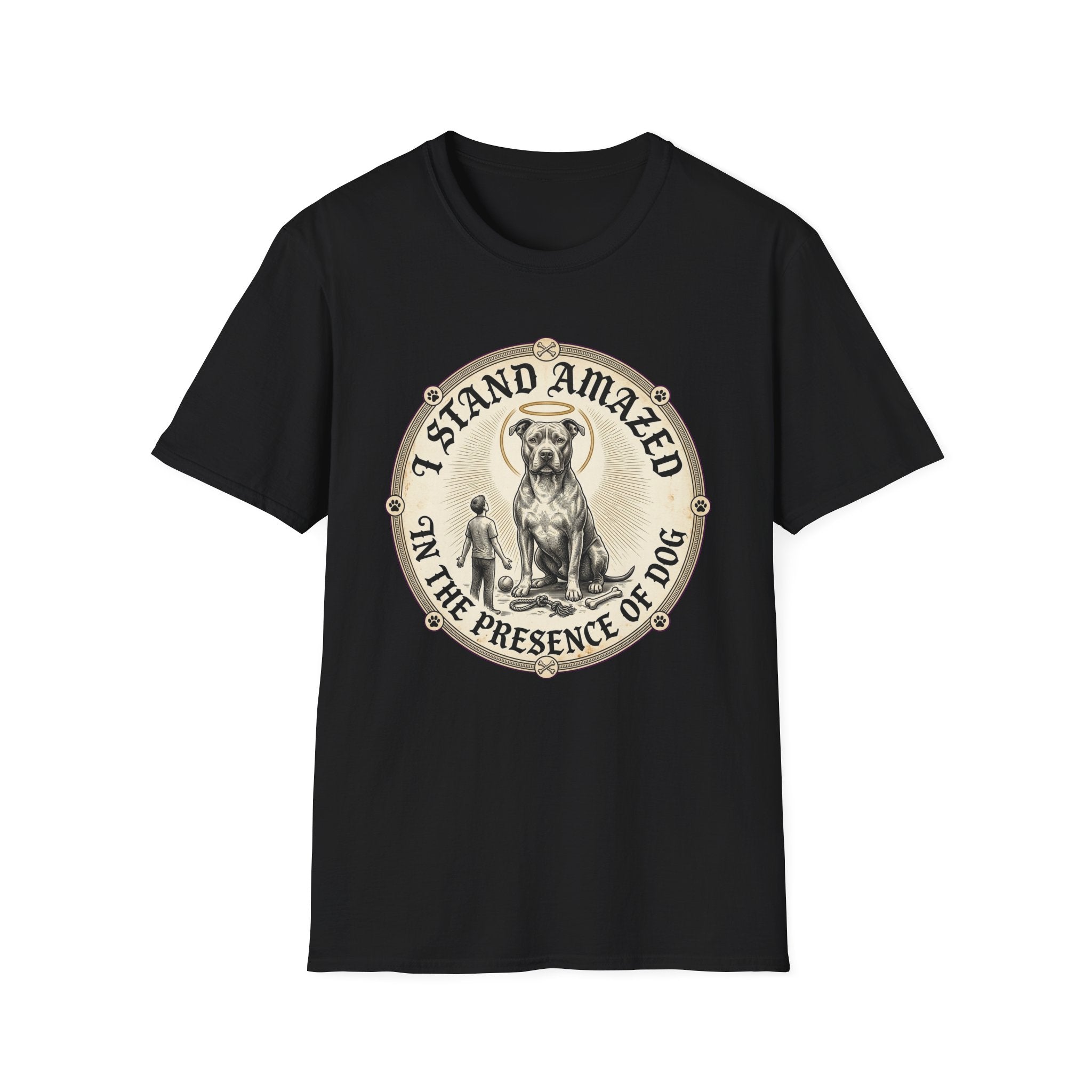 I Stand Amazed Golden Doodle T-Shirt flat lay in black, featuring a circular vintage-style graphic of a large dog with a halo and the text "I Stand Amazed in the Presence of Dog."