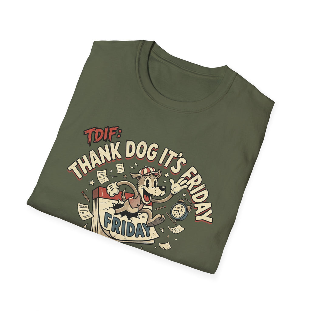 Thank Dog It's Friday T-Shirt folded flat lay on military green shirt showing the retro cartoon dog and TDIF: Thank Dog It's Friday design.