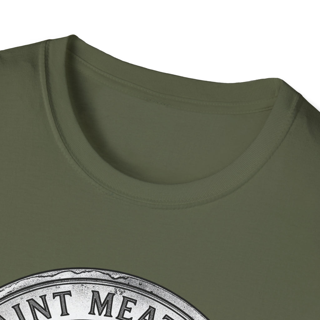 Saint Meatball Defend Us T-Shirt close-up detail shot on military green shirt showing the neckline and top of the Saint Meatball Doberman medallion graphic.
