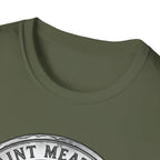 Saint Meatball Defend Us T-Shirt close-up detail shot on military green shirt showing the neckline and top of the Saint Meatball Doberman medallion graphic.