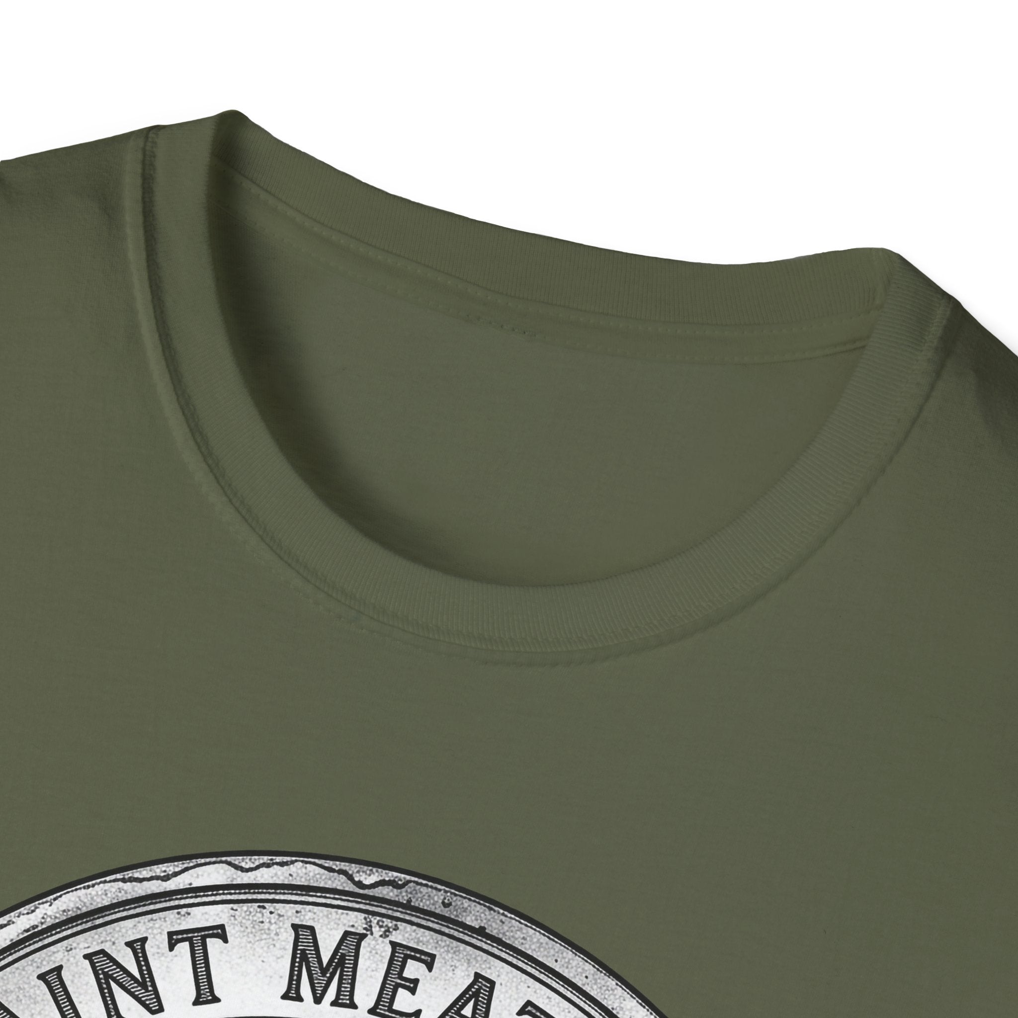 Saint Meatball Defend Us T-Shirt close-up detail shot on military green shirt showing the neckline and top of the Saint Meatball Doberman medallion graphic.