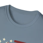 Pursuit of Fetch T-Shirt in slate blue, closeup detail of the neckline and top of the chest showing the top of the flag graphic with cream stars and red stripe.
