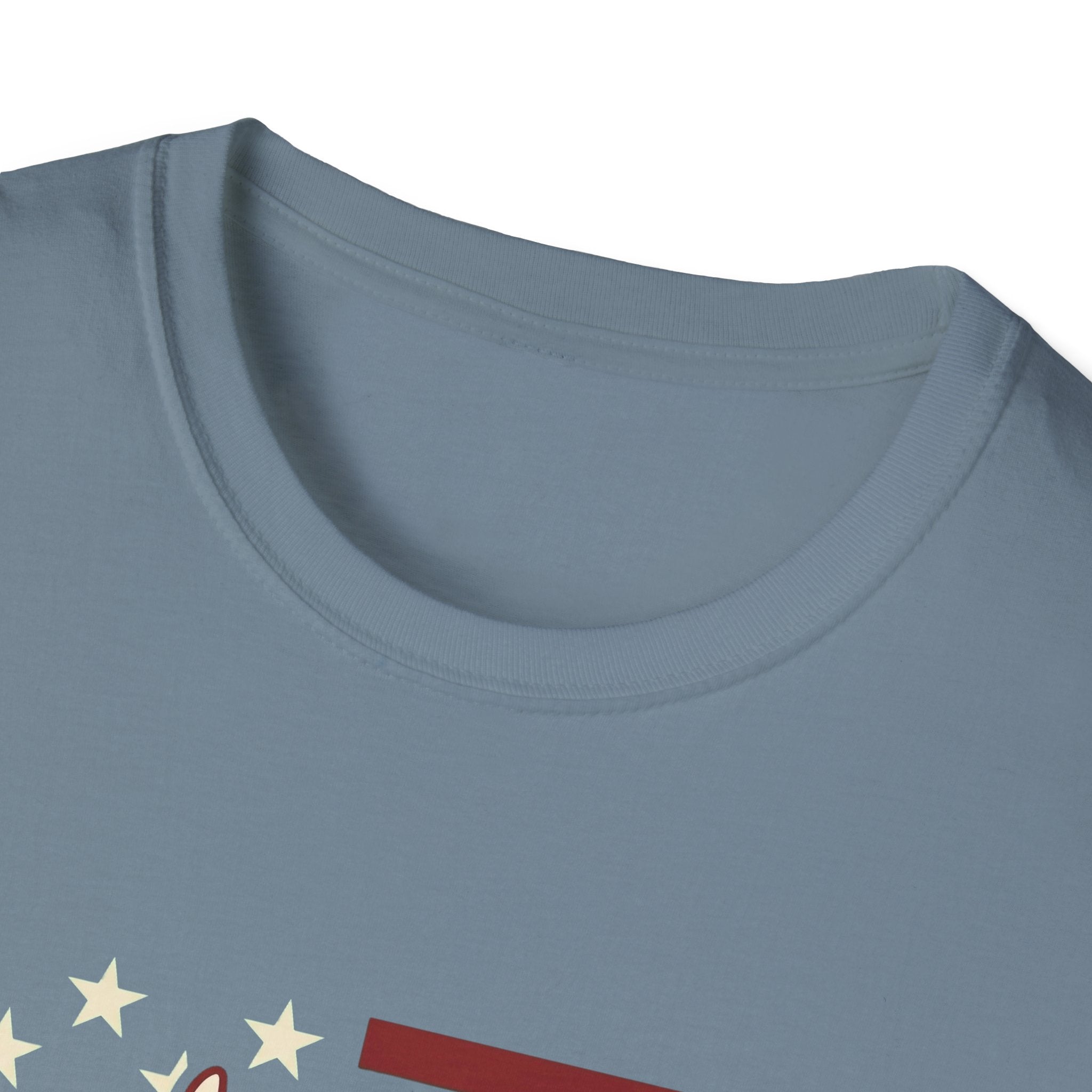 Pursuit of Fetch T-Shirt in slate blue, closeup detail of the neckline and top of the chest showing the top of the flag graphic with cream stars and red stripe.