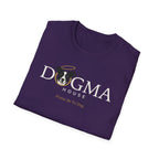 Dogma House Logo Dark T-Shirt folded view in purple, showcasing the Dogma House logo with a halo-wearing black-and-white dog and the tagline 'Praise Be To Dog.'