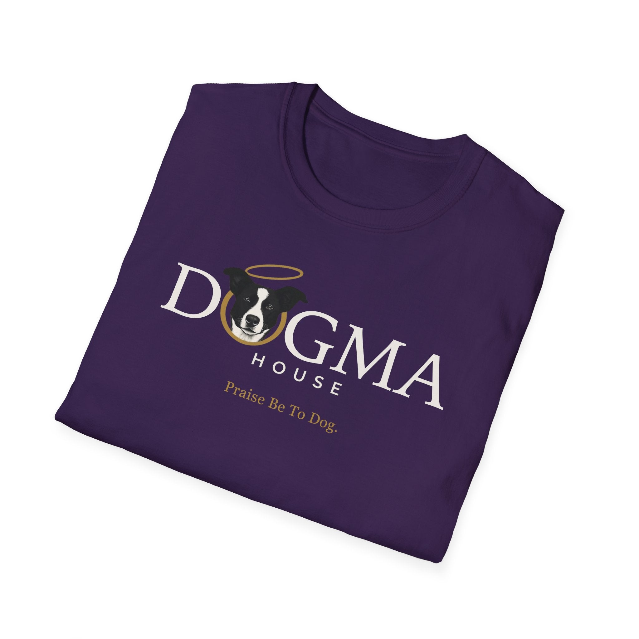 Dogma House Logo Dark T-Shirt folded view in purple, showcasing the Dogma House logo with a halo-wearing black-and-white dog and the tagline 'Praise Be To Dog.'