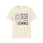 Believe in the Power of Dog Shih Tzu Line Art T-Shirt in natural cream, flat lay, featuring a minimalist dark line art illustration of a Shih Tzu alongside bold text reading Believe in the Power of Dog with a paw print accent.