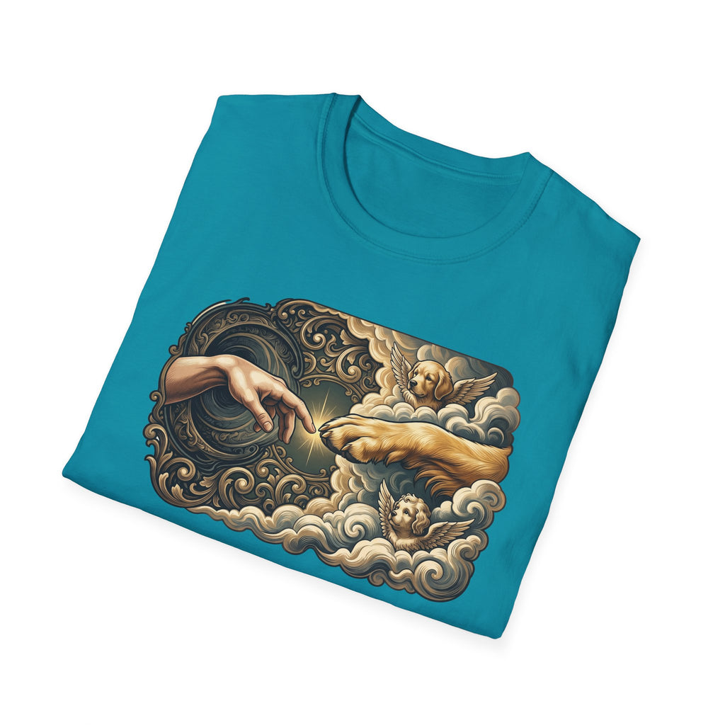 Creation of Adam T-Shirt folded flat lay in tropical teal, showing the full baroque-framed dog parody of Michelangelo's Creation of Adam with a dog's paw meeting a human hand.