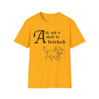 Ask and It Shall Be Fetched | Golden Retriever T-Shirt flat lay on black shirt featuring a Shel Silverstein-style pen-and-ink illustration of a Golden Retriever proudly trotting with a golden calf idol — a small statue of a young bull on a plinth held in her mouth and the text 'Ask and it shall be fetched.'