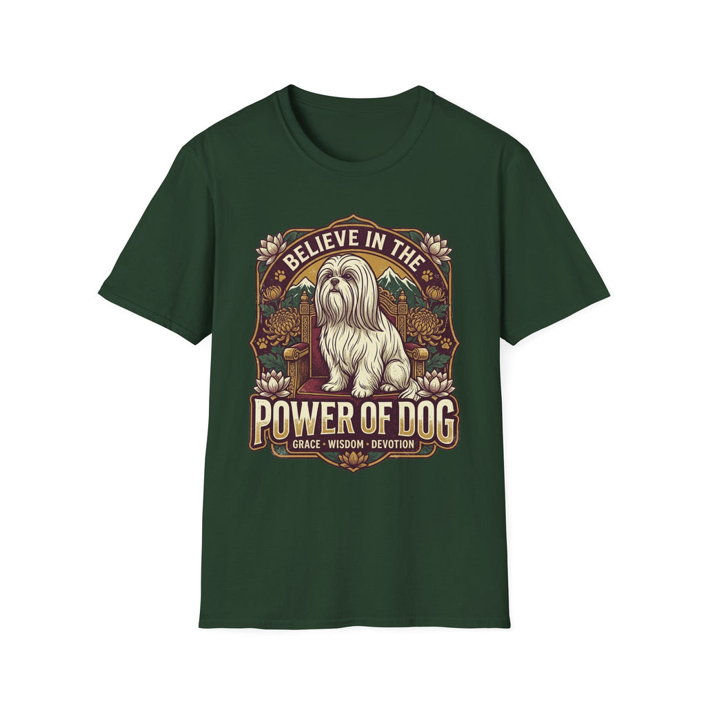 Believe in the Power of Dog Shih Tzu Throne T-Shirt in forest green, flat lay, featuring a vintage badge graphic of a fluffy white Shih Tzu seated regally on a throne surrounded by lotus flowers and mountains, with text reading Believe in the Power of Dog and Grace, Wisdom, Devotion.