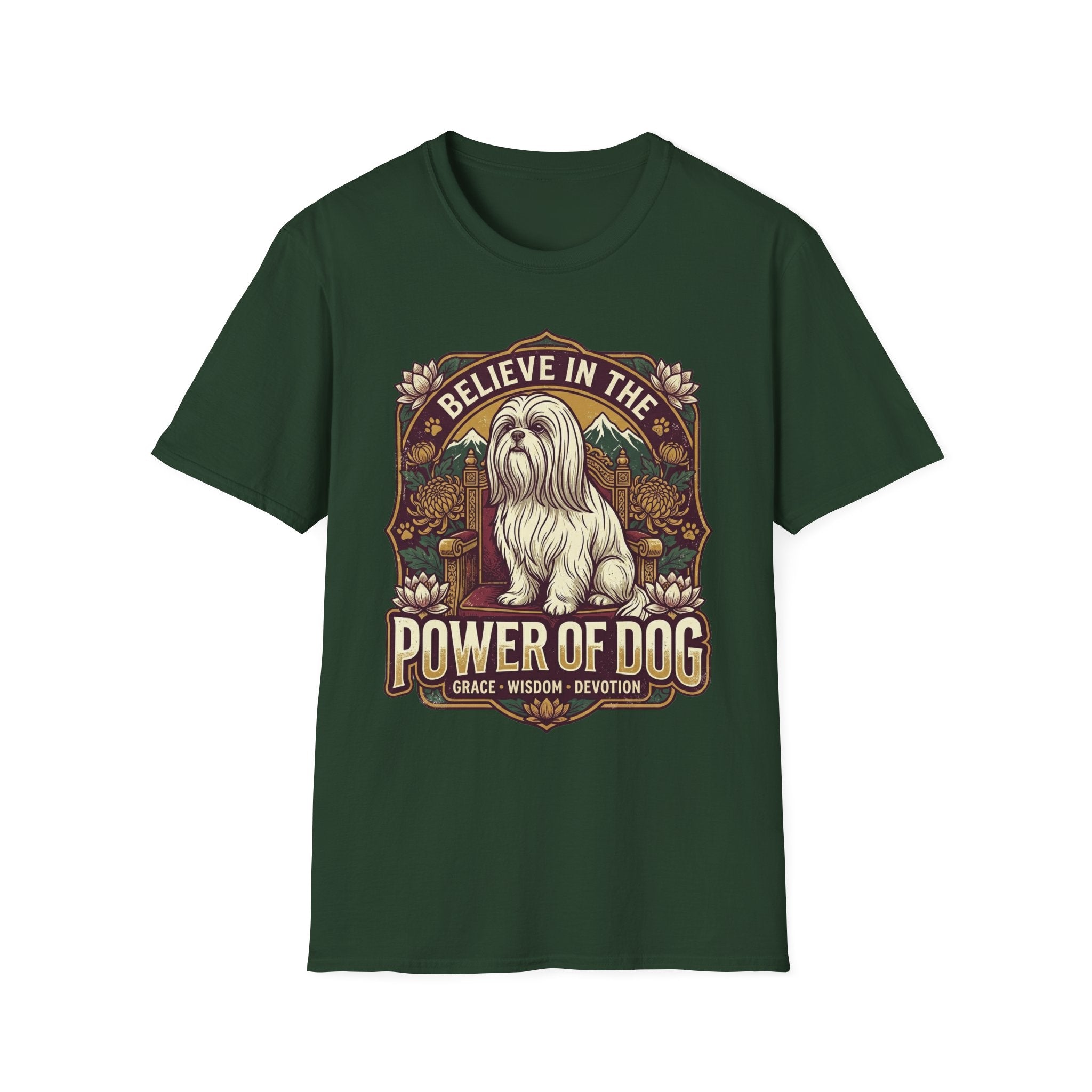 Believe in the Power of Dog Shih Tzu Throne T-Shirt in forest green, flat lay, featuring a vintage badge graphic of a fluffy white Shih Tzu seated regally on a throne surrounded by lotus flowers and mountains, with text reading Believe in the Power of Dog and Grace, Wisdom, Devotion.