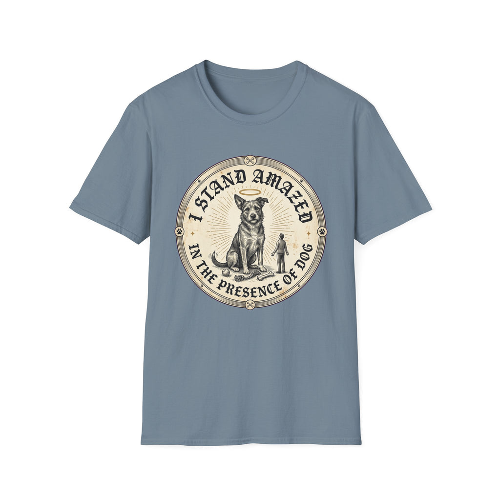 I Stand Amazed Rescue Mutt T-Shirt in steel blue, flat lay front view featuring a vintage-style circular graphic of a halo-wearing mixed-breed rescue dog with the text 'I Stand Amazed in the Presence of Dog.'