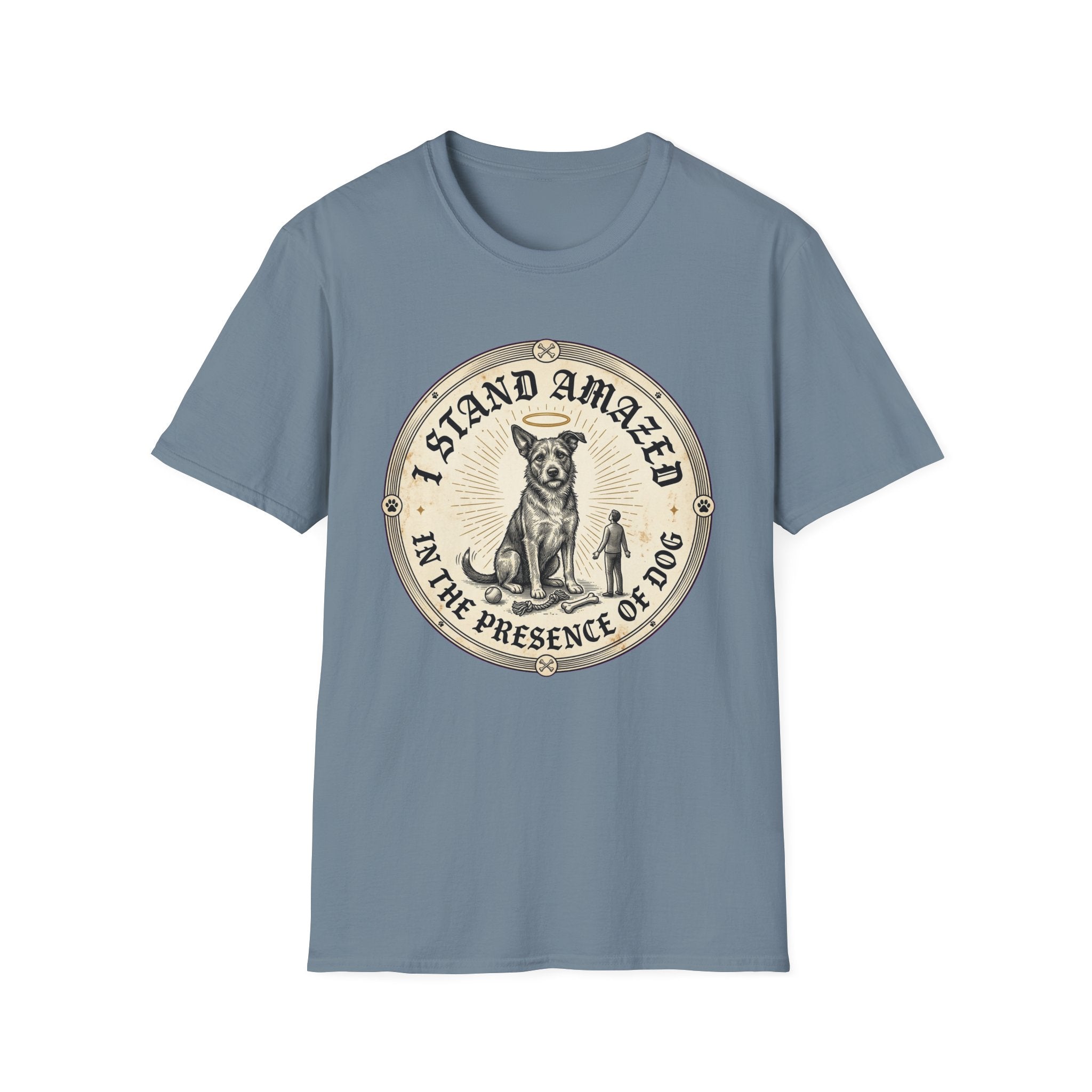 I Stand Amazed Rescue Mutt T-Shirt in steel blue, flat lay front view featuring a vintage-style circular graphic of a halo-wearing mixed-breed rescue dog with the text 'I Stand Amazed in the Presence of Dog.'