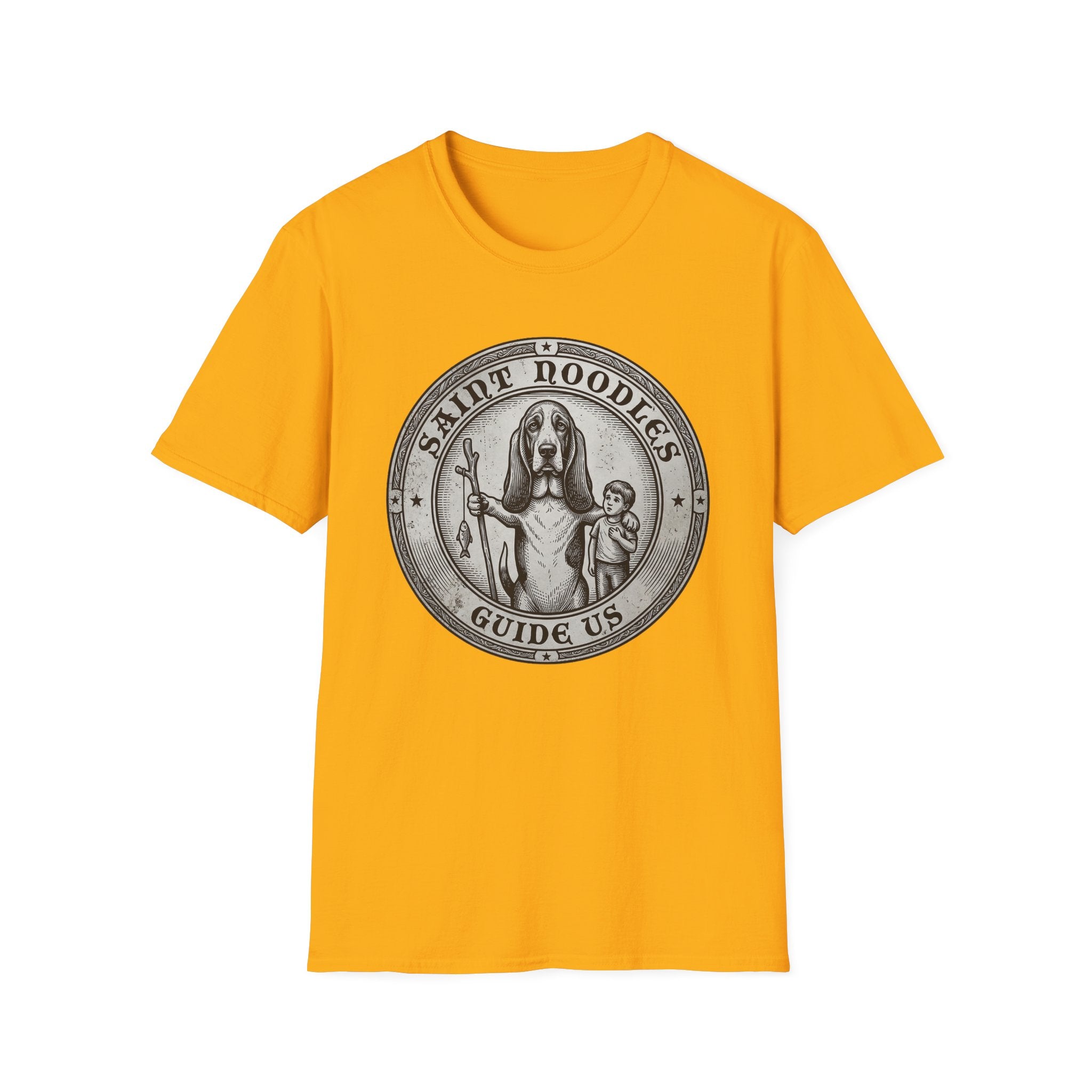 Saint Noodles Guide Us T-Shirt flat lay in gold yellow, featuring a vintage medallion graphic of a basset hound standing upright holding a staff with a fish, alongside a small child, with the text 'Saint Noodles Guide Us'.