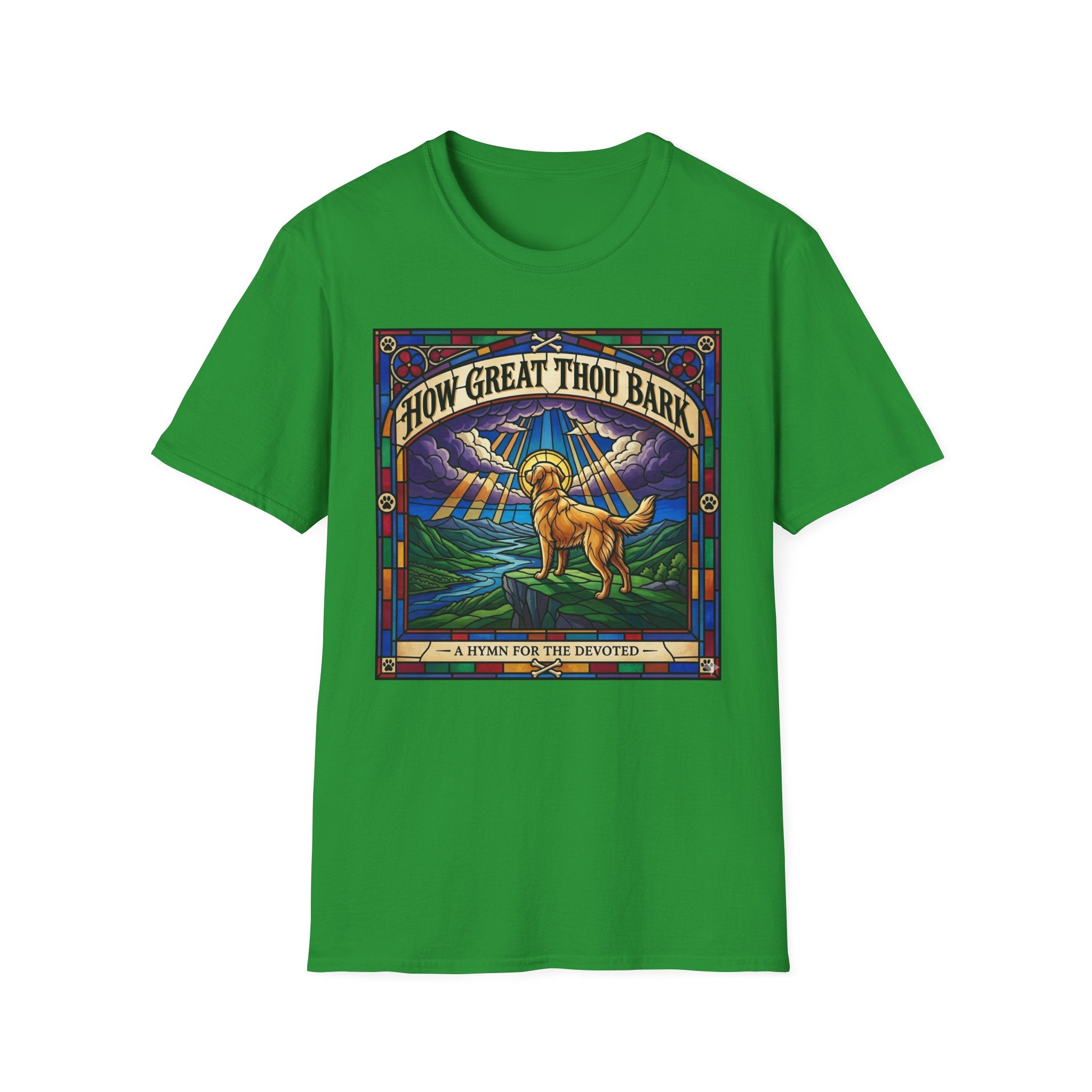 How Great Thou Bark Golden Retriever T-shirt flat lay, Irish green shirt featuring a stained-glass style graphic of a golden retriever on a hilltop with sunbeams and the text 'How Great Thou Bark – A Hymn for the Devoted.'