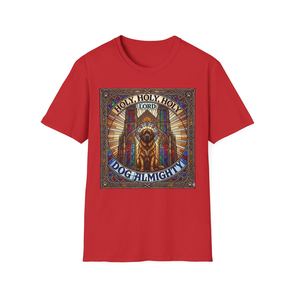 Holy Holy Holy St Bernard T-Shirt flat lay on red, featuring a stained-glass-style illustration of a St Bernard seated before cathedral arches with the text 'Holy Holy Holy Lord Dog Almighty'.
