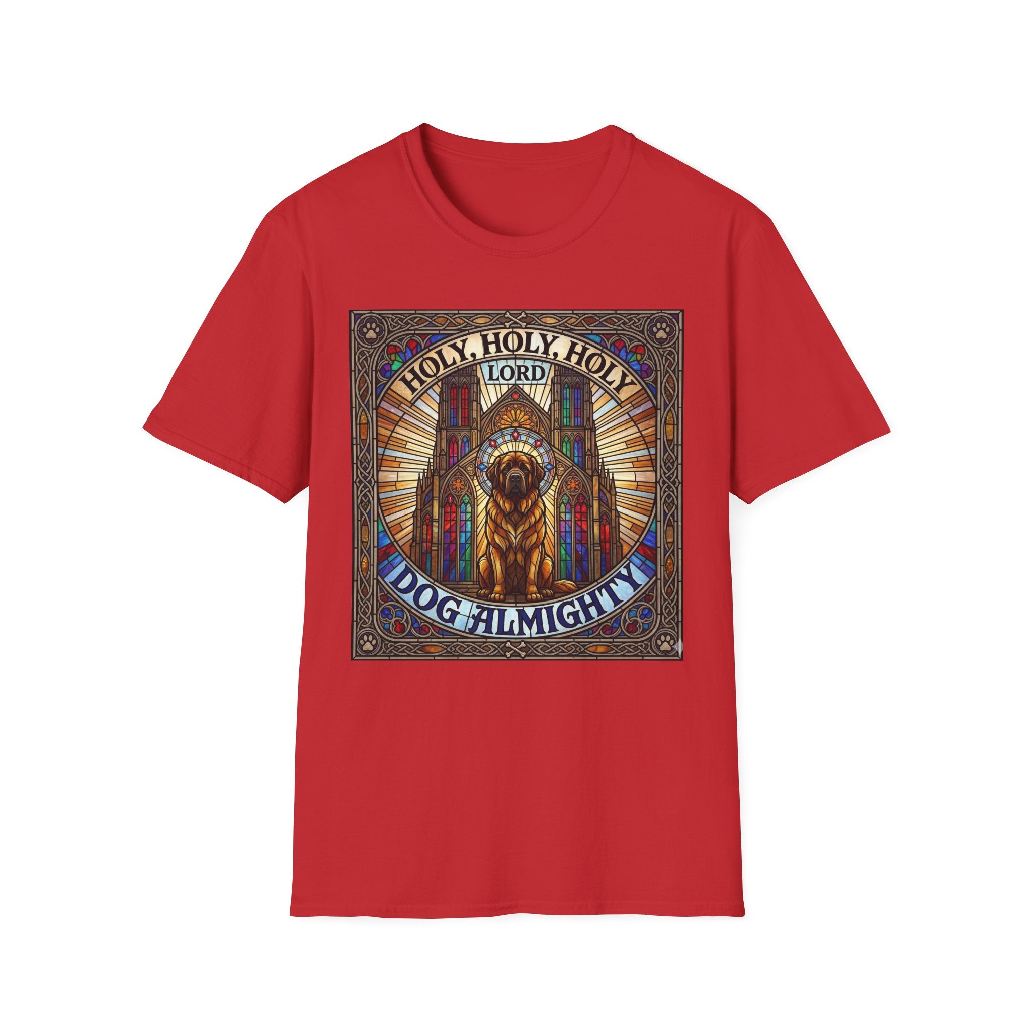 Holy Holy Holy St Bernard T-Shirt flat lay on red, featuring a stained-glass-style illustration of a St Bernard seated before cathedral arches with the text 'Holy Holy Holy Lord Dog Almighty'.