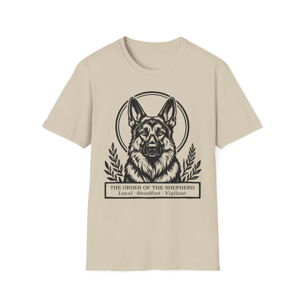 Holy Orders | German Shepherd T-Shirt flat lay on black shirt featuring a stained glass style illustration of a German Shepherd depicted as a holy figure with a golden halo and the text 'Holy Orders.'