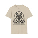 Holy Orders | German Shepherd T-Shirt flat lay on black shirt featuring a stained glass style illustration of a German Shepherd depicted as a holy figure with a golden halo and the text 'Holy Orders.'