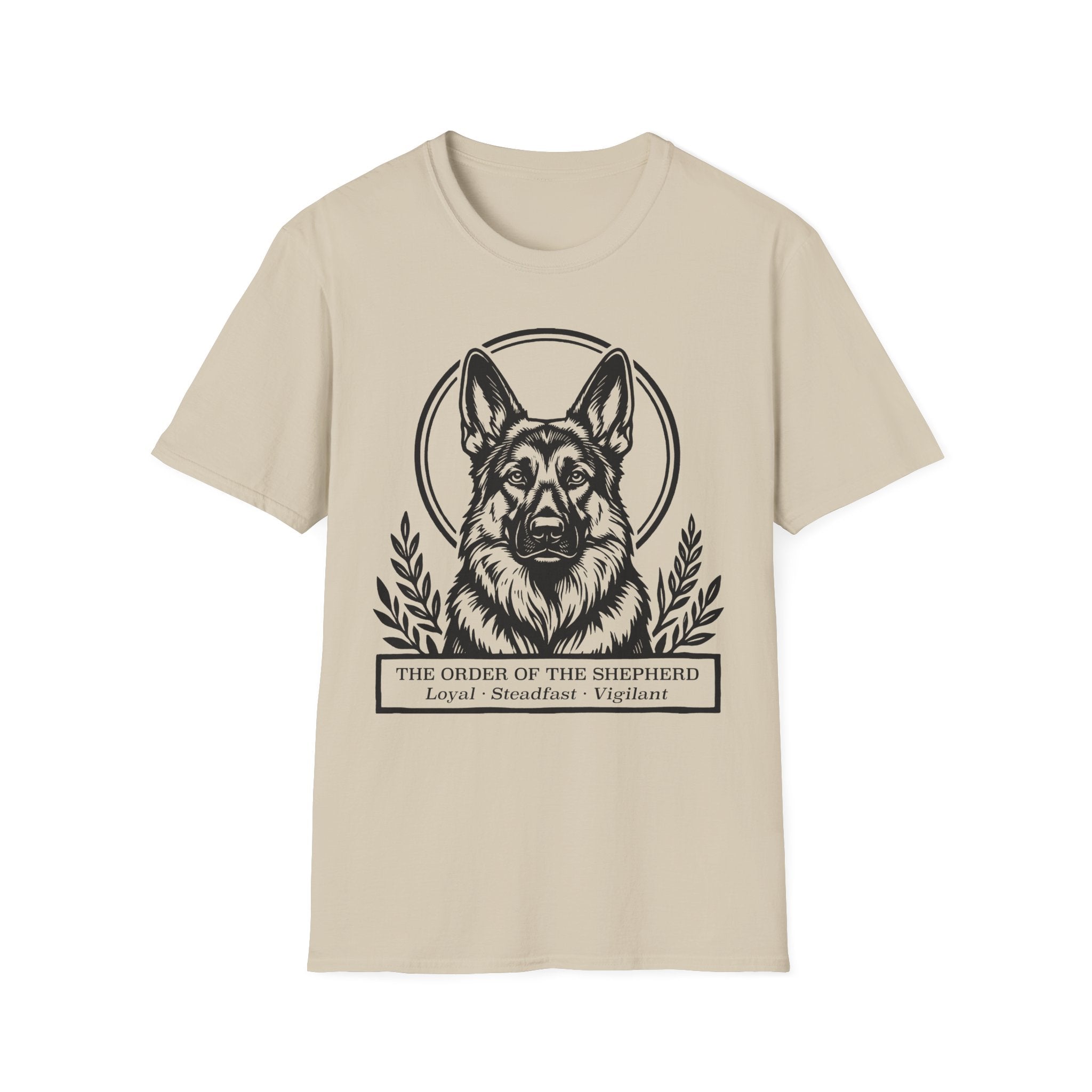 Holy Orders | German Shepherd T-Shirt flat lay on black shirt featuring a stained glass style illustration of a German Shepherd depicted as a holy figure with a golden halo and the text 'Holy Orders.'