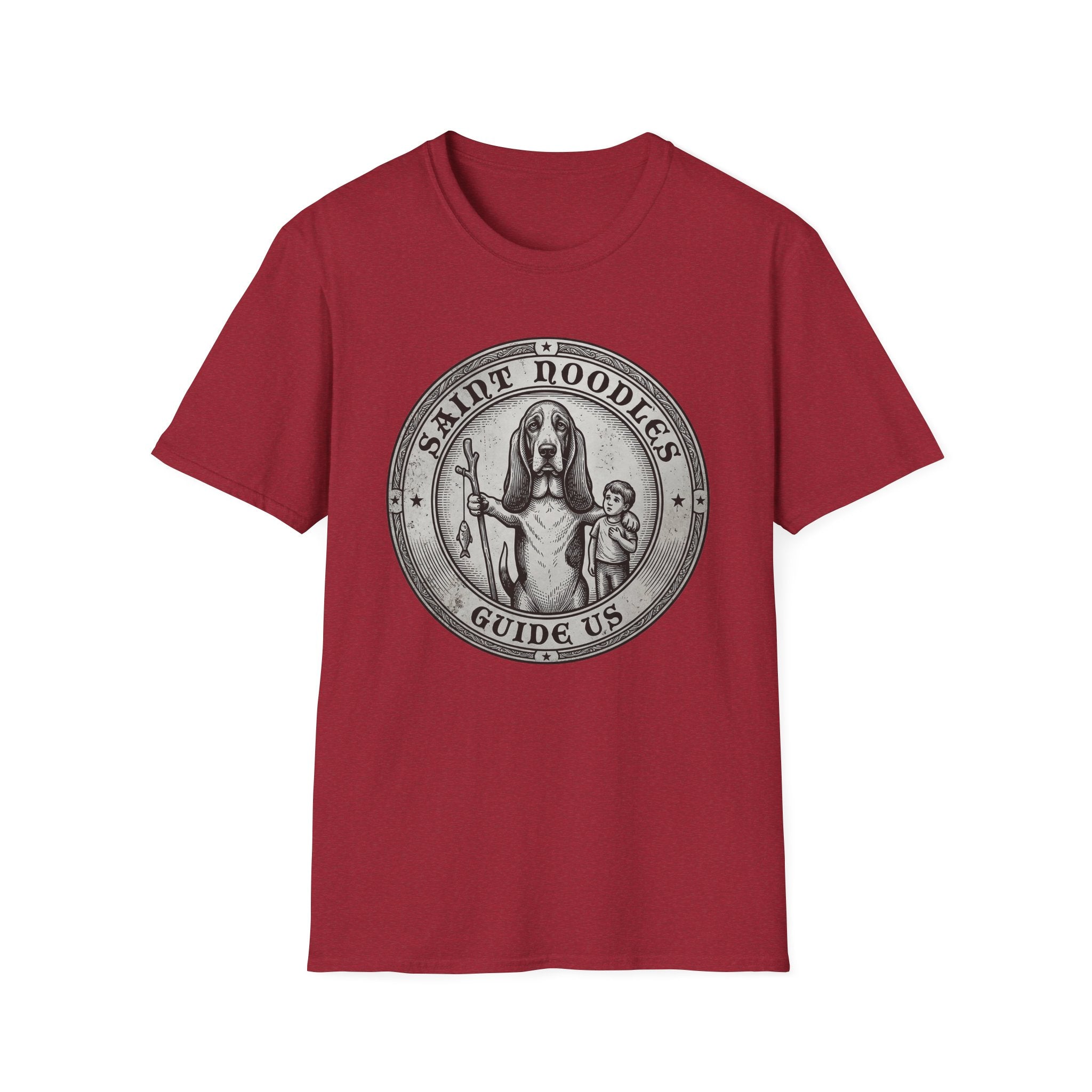 Saint Noodles Guide Us T-Shirt flat lay in cardinal red, featuring a vintage medallion graphic of a basset hound standing upright holding a staff with a fish, alongside a small child, with the text 'Saint Noodles Guide Us'.