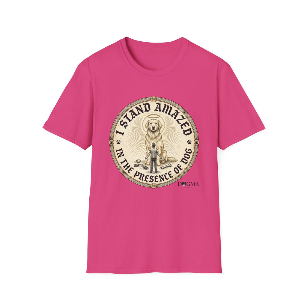 I Stand Amazed Golden Retriever T-Shirt flat lay in heliconia pink, featuring a circular vintage-style graphic of a golden retriever with a halo and the text "I Stand Amazed in the Presence of Dog" with Dogma House branding.