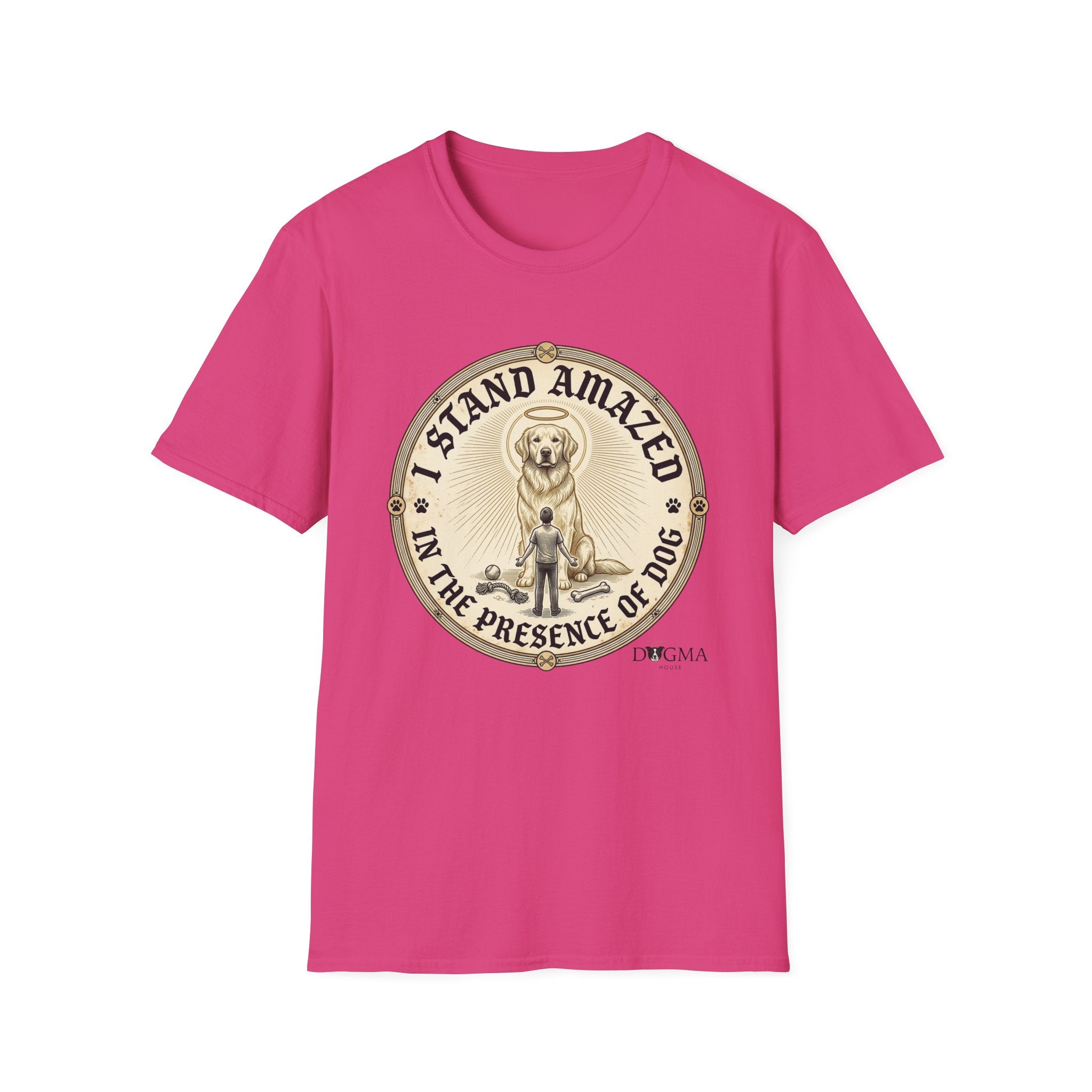 I Stand Amazed Golden Retriever T-Shirt flat lay in heliconia pink, featuring a circular vintage-style graphic of a golden retriever with a halo and the text "I Stand Amazed in the Presence of Dog" with Dogma House branding.