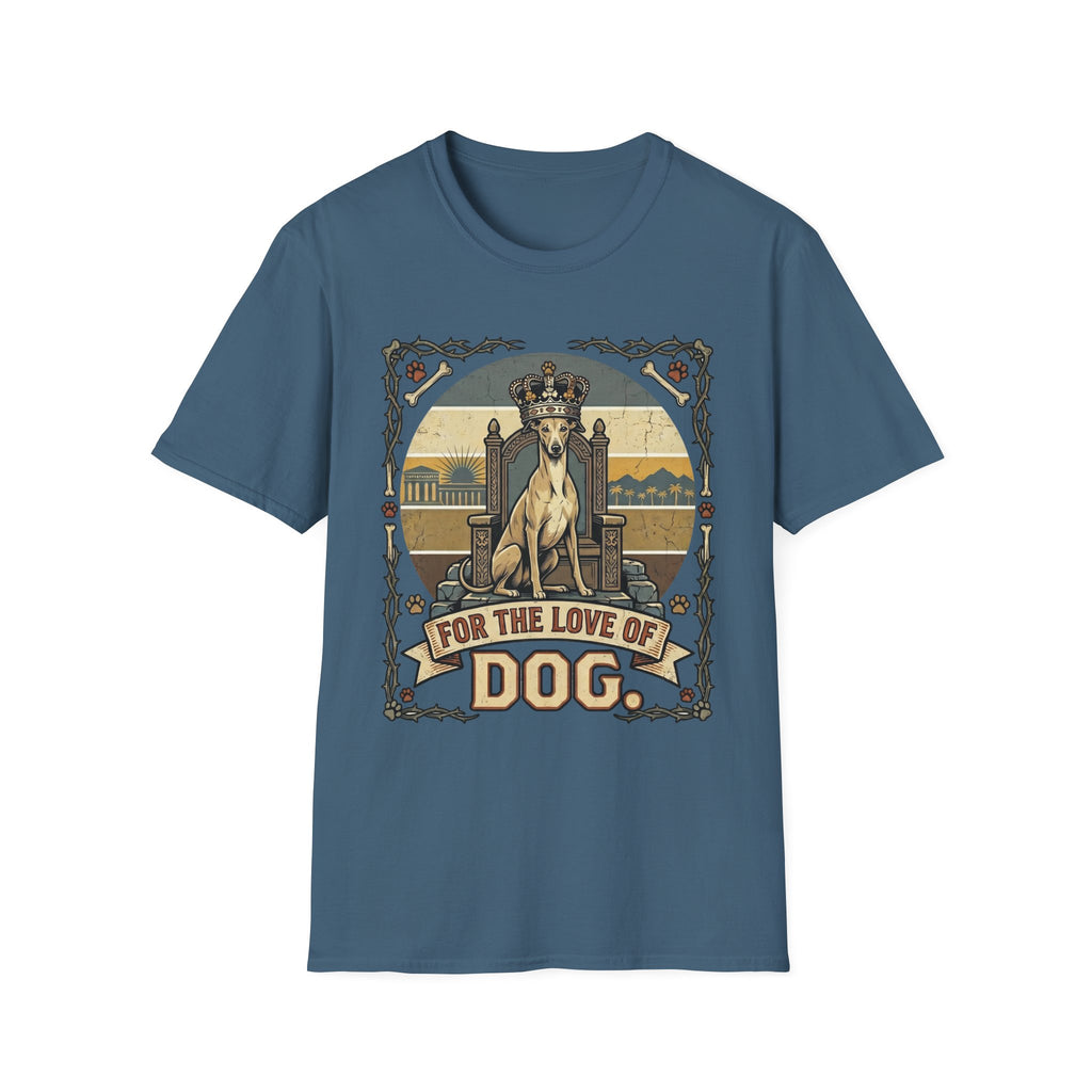 For the Love of Dog Whippet T-Shirt flat lay in steel blue featuring a crowned whippet seated on a throne in a vintage illustration with an ornate thorn and bone border, "For the Love of Dog" banner below.