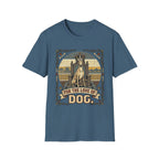 For the Love of Dog Whippet T-Shirt flat lay in steel blue featuring a crowned whippet seated on a throne in a vintage illustration with an ornate thorn and bone border, "For the Love of Dog" banner below.