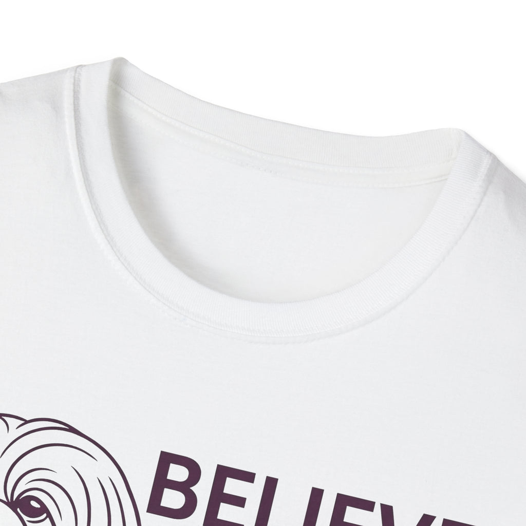 Believe in the Power of Dog Shih Tzu Line Art T-Shirt in white, close-up detail of the neckline and upper chest showing the top of the Shih Tzu line art and Believe text.